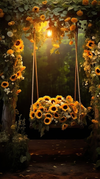 Sunflowers towering over a secret garden swing