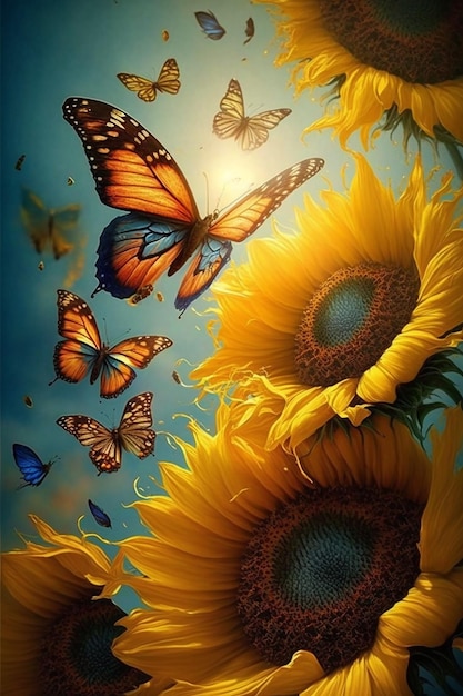 Sunflowers with butterflies on the back