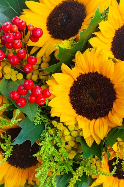 Sunflowers with green leaves