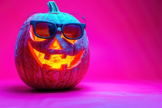 Photo sunglassed jackolantern on pink backdrop