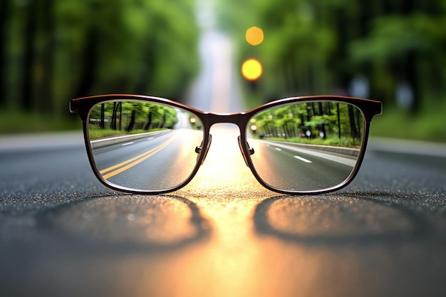 Sunglasses on the asphalt road in the forest with the road passing through