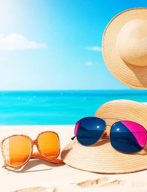 sunglasses on a beach with a blue sky and a beach hat