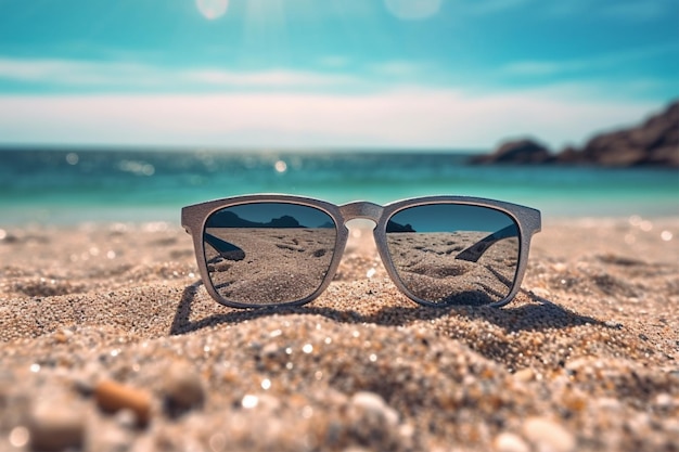 Photo sunglasses on a beach with a blue sky and water in the background