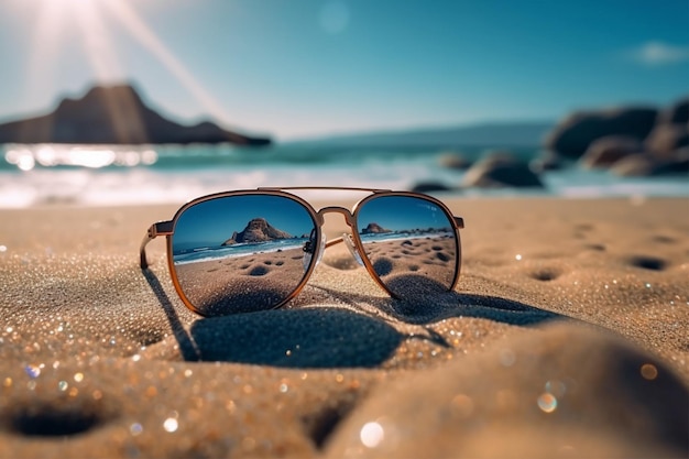 Photo sunglasses on a beach with a blue sky and water in the background