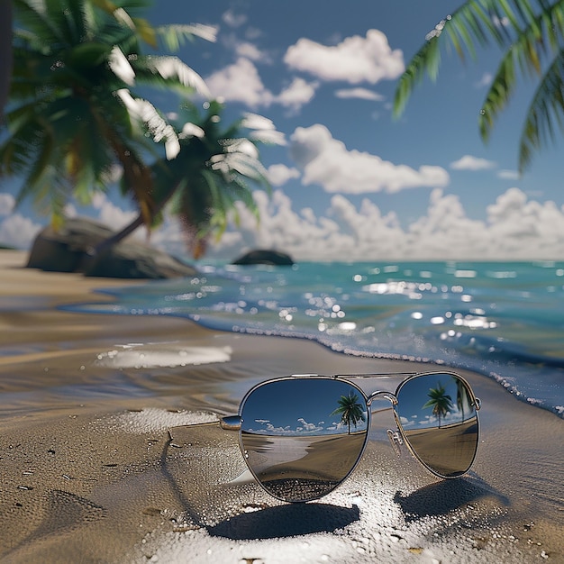 Photo sunglasses on a beach with palm trees in the background