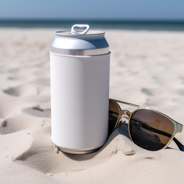 sunglasses and a can of beer on a beach with a blue sky generative ai