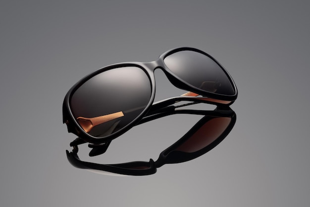 Sunglasses on a gray reflected background. Accessory for summer from the sun