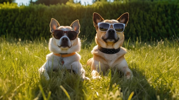 Sunglasses Happy Cute Two Dogs With Collars On The Grass Generative AI