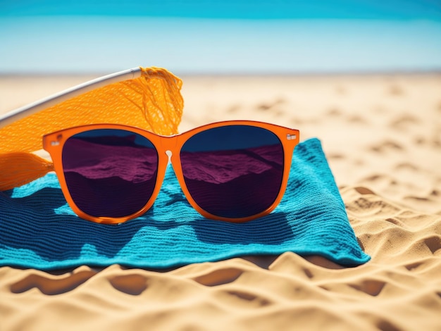 Sunglasses laying on beach towel on sandy background ai generative