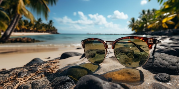 sunglasses lie on the beach on the sand Generative AI