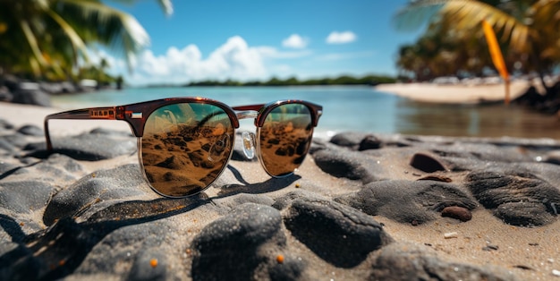 sunglasses lie on the beach on the sand Generative AI