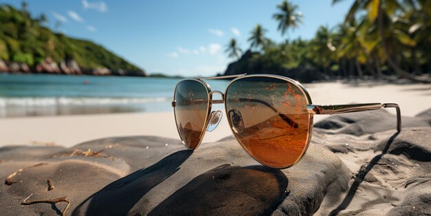 sunglasses lie on the beach on the sand Generative AI