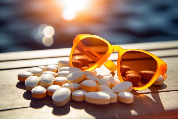 Sunglasses and a pile of white pills on a wooden surface