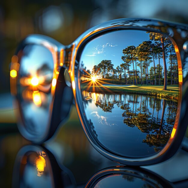 Photo sunglasses reflecting a tranquil sunset landscape