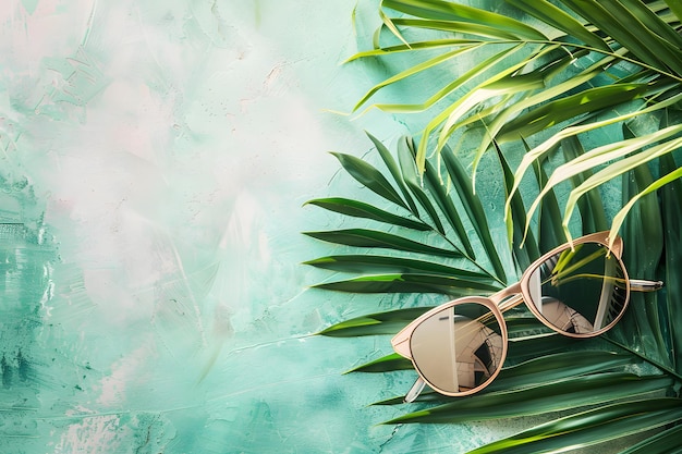 Sunglasses Resting On Palm Fronds Against A Light Green Background Generative AI