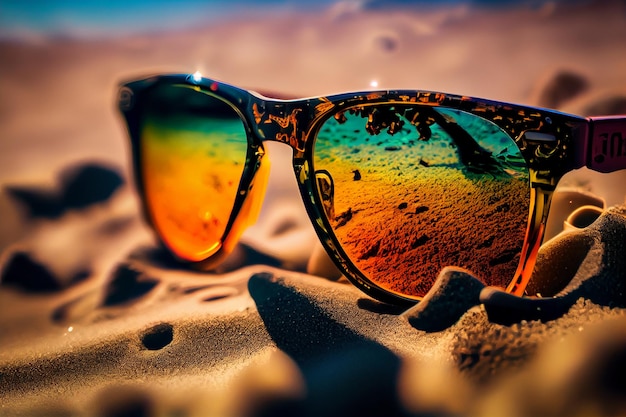 Sunglasses on the sand reflecting the beachgenerative ai