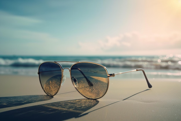 Sunglasses on a sandy beach near the sea on warm sunny day closeup Generative AI