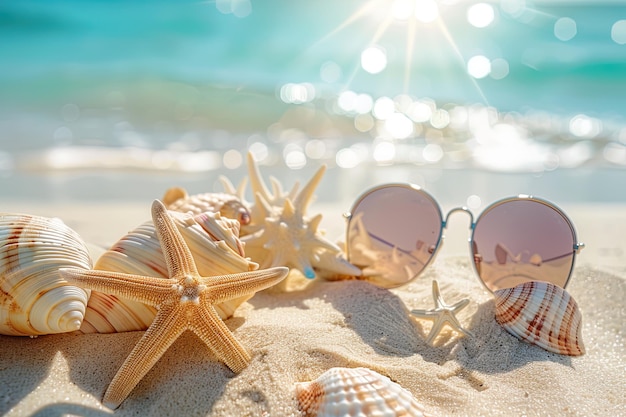 Photo sunglasses and shells on sunny beach