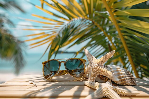 Sunglasses and starfish are on a table with a palm tree