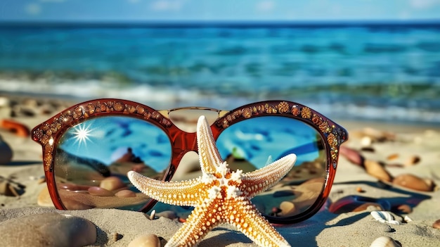 sunglasses and starfish on the beach