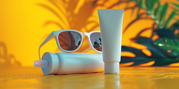 Sunglasses and sunblock tube with cream on orange background