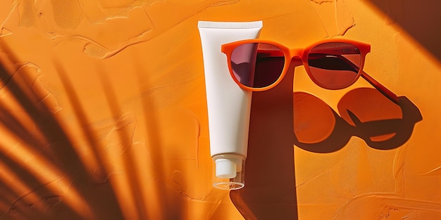 Sunglasses and sunblock tube with cream on orange background