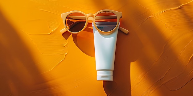 Photo sunglasses and sunblock tube with cream on orange background