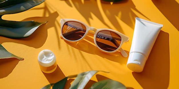 Sunglasses and sunblock tube with cream on orange background