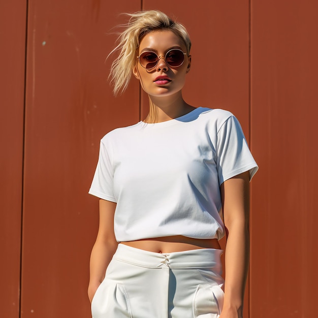 Sunglasses and Swag Model Rocks Cropped Tee and White Sweats