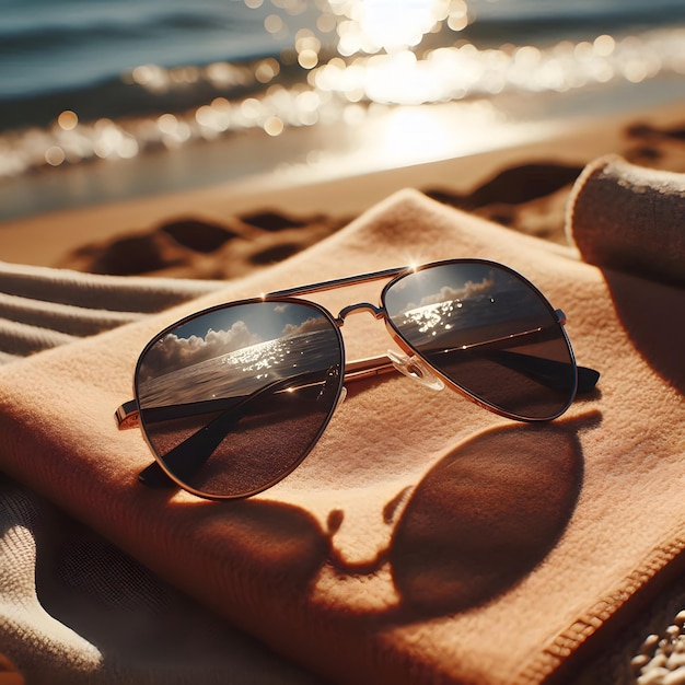 sunglasses on a towel on a beach with the sun shining on them