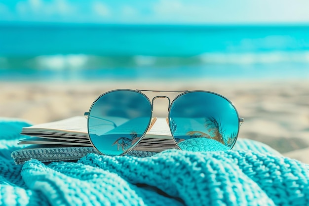 Sunglasses and towel on sandy beach blurred ocean view summer banner background with copy space