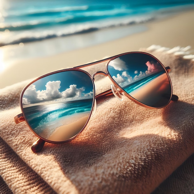 sunglasses on a towel with the sun reflecting on them