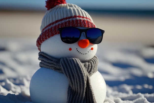 Sunglasses wearing snowman in broad daylight