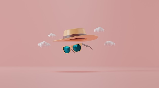 sunglasses with hat on pink. Travel concept.