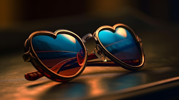 Sunglasses with heart shaped lenses on a leather surface generative ai