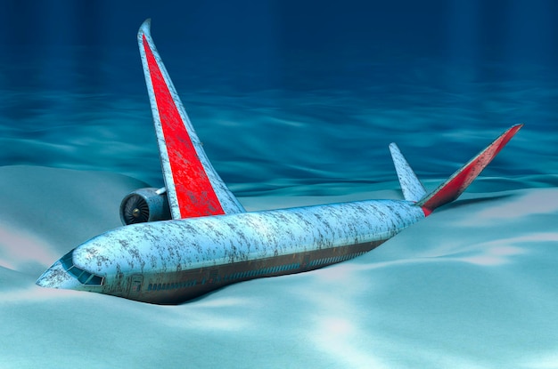 Sunken plane Aeroplane on ocean bottom underwater 3D rendering