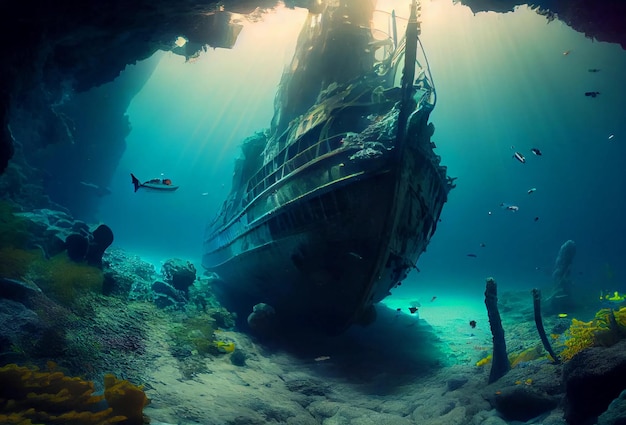 Sunken ship at the bottom of the ocean old sunken ship