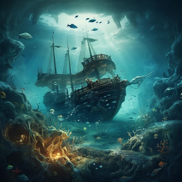 A sunken ship in the grip of sea creatures