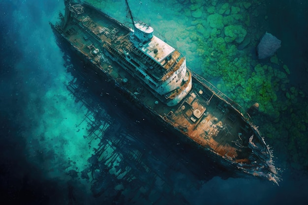 Sunken ship resting on the seafloor amidst a backdrop of blue water and marine life Generative AI