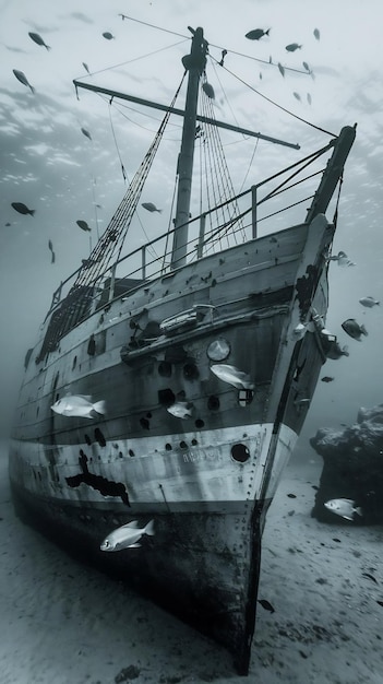 Photo sunken ship in the water with fish swimming around it