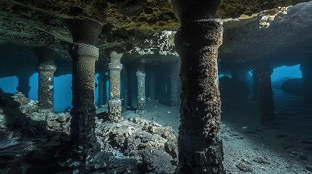 Photo sunken ships underbelly in the blue depths