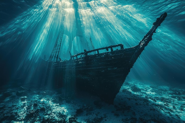 A Sunken Shipwreck Bathed in Eerie Light Lies Silent in the Depths of the Ocean