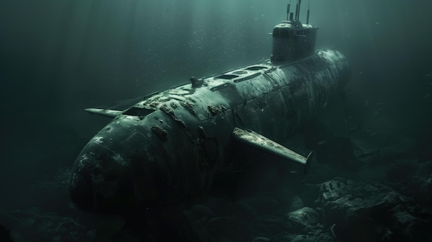 A sunken submarine lies forgotten on the ocean floor a ghostly relic enveloped by the deep sea39s silence and mystery with shafts of light piercing the darkness illuminating its decay and the marine