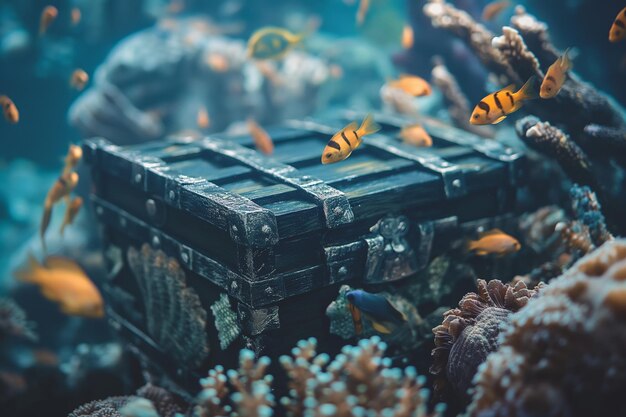 Sunken Treasure Chest Surrounded By Colorful Fish in an Underwater Coral Reef