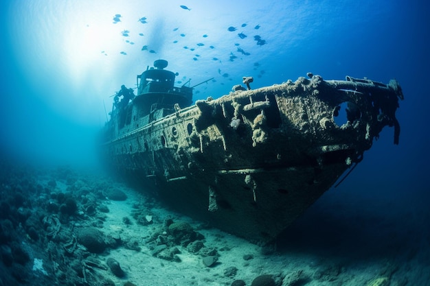 A sunken warship with weapons in the depths of the ocean