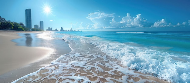 SunKissed Beach With City Skyline in the Distance