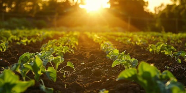 Sunkissed botanical tapestry Field of plants bathed in warm sunlight Beauty of natural illumination concept