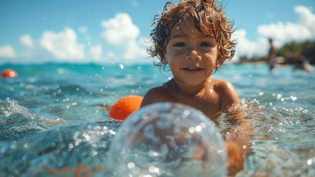 SunKissed Fun Child Playing with Beach Ball in Clear Blue Ocean Water on Joyful Day Nikon Z6 II with 50mm f18 Lens