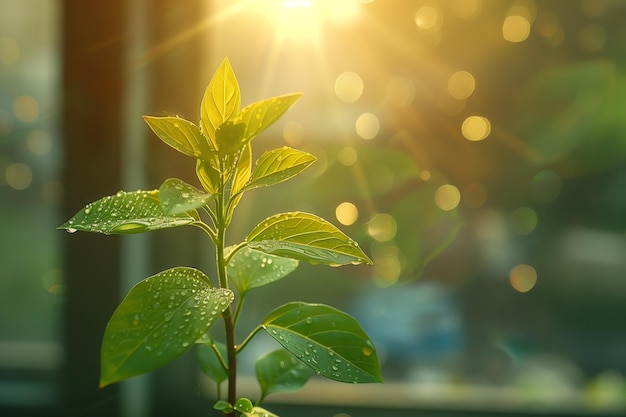 Sunkissed green leaves of a young plant with water droplets in the morning light