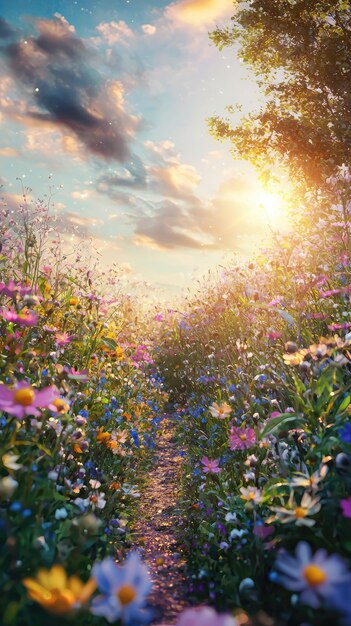 A SunKissed Path Through a Field of Dreams Where Natures Palette Blooms in Vivid Hues